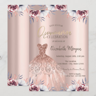 Convite Vestido Rosa Dourado Chic Floral Quinceañera