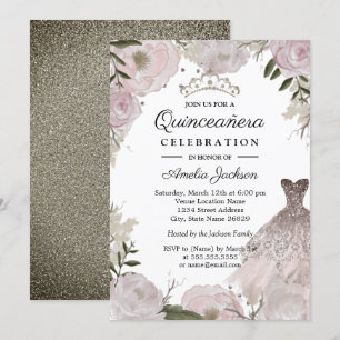 Convite Vestido Rosa Dourado com Brilho Floral Quinceanera