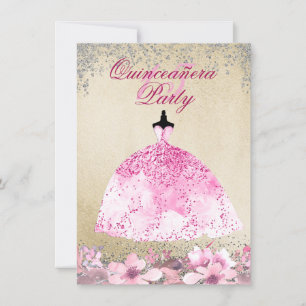 Convite Vestido Rosa, Dourado, Glitter Quinceanera Convide