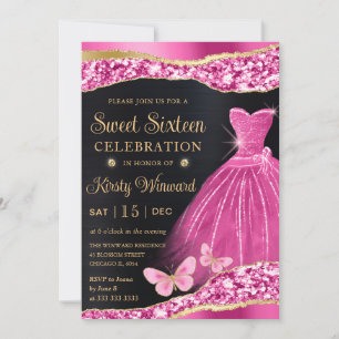 Convite Vestido Rosa e Glitter Dourado Aquarela Sweet Sixt