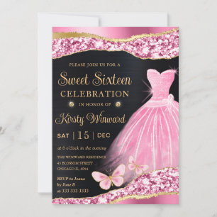 Convite Vestido Rosa e Glitter Dourado Aquarela Sweet Sixt