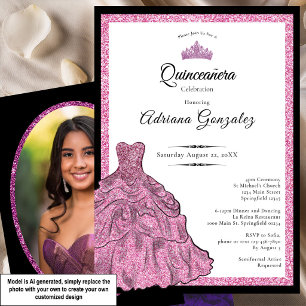 Convite Vestido Rosa e Tiara Foto Personalizada Quinceaner