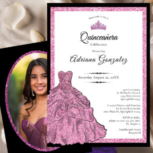 Convite Vestido Rosa e Tiara Foto Personalizada Quinceaner