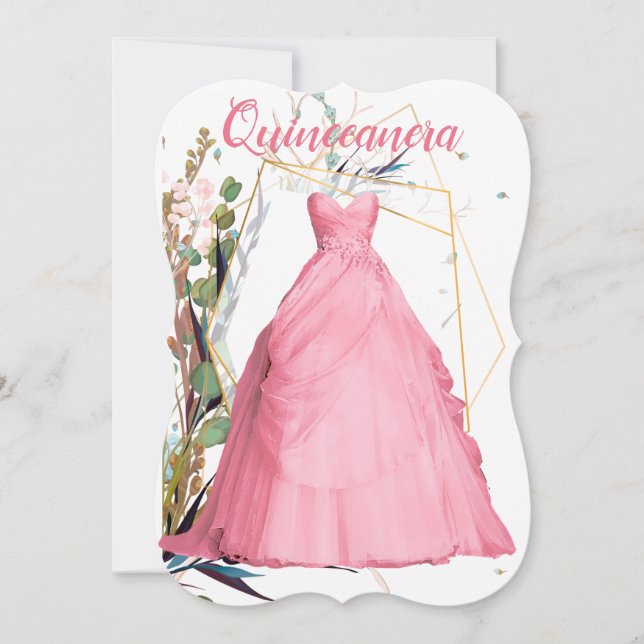 Convite Vestido Rosa Elegante Quinceañera Personalizado (Frente)