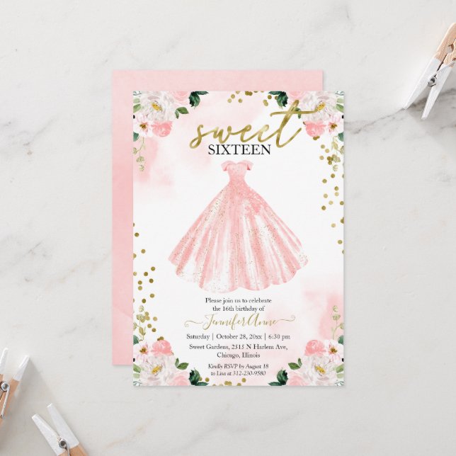 Convite Vestido Rosa Flores Aquarela Blush Sweet 16 (Frente/Verso In Situ)