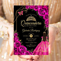 Vestido Rosa Fúcsia Dourado de Quinceanera Floral