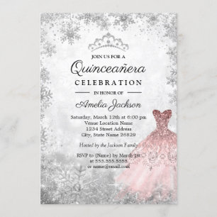 Convite Vestido Rosa Prata Flocos de Neve Quinceanera de I