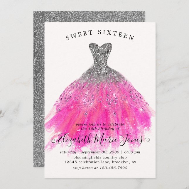 Convite Vestido Rosa-Rosa-Rosa-Chic 16.º Aniversário (Frente/Verso)