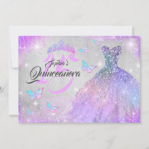 Convite Vestido Rosa Roxo Brilho Arco-Íris Quinceanera