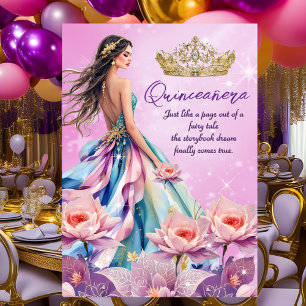 Convite Vestido Rosa Teal Roxo de Aniversário de Quinceane