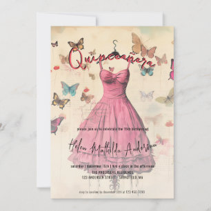 Convite Vestido Rosa Vintage Borboleta Quinceanera