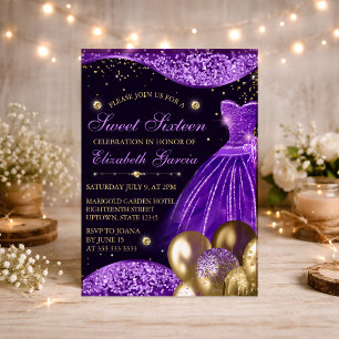 Convite Vestido Roxo, Balões Dourados e com Brilho Sweet 1