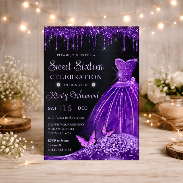 Convite Vestido Roxo, Brilho e Borboleta Doce 16 (Criador carregado)