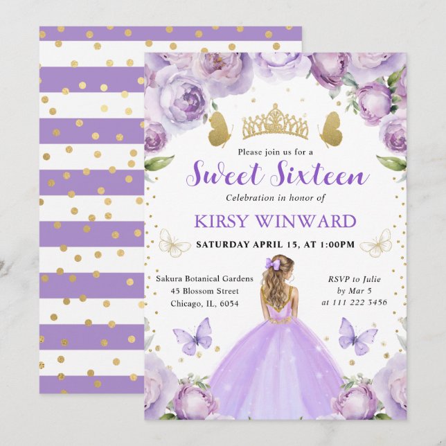 Convite Vestido Roxo Cabelo Loiro Princesa Sweet 16 (Frente/Verso)