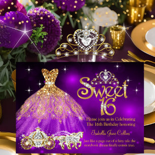 Convite Vestido Roxo Coroa de Aniversário de 16 Anos Carru