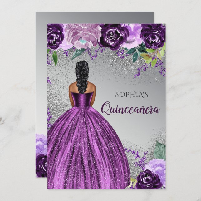 Convite Vestido Roxo De Prata Quinceañera Quince (Frente/Verso)