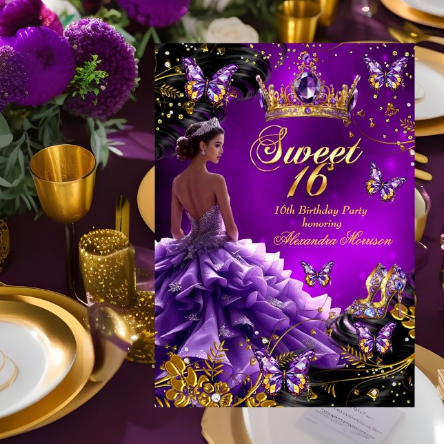 Convite Vestido roxo dourado de 16 anos borboleta (Criador carregado)