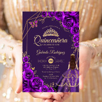 Vestido Roxo Dourado de Quinceanera Floral
