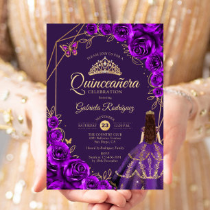 Convite Vestido Roxo Dourado de Quinceanera Floral