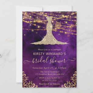 Convite Vestido Roxo Dourado Elegante para Chá de Noiva