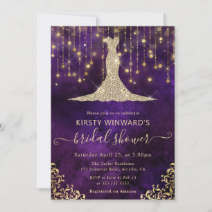 Convite Vestido Roxo Dourado Elegante para Chá de Noiva
