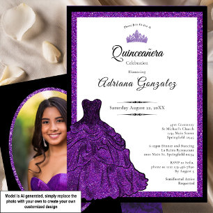 Convite Vestido Roxo e Tiara Foto Personalizada Quinceaner