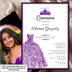 Convite Vestido roxo elegante 15º aniversário Quinceanera