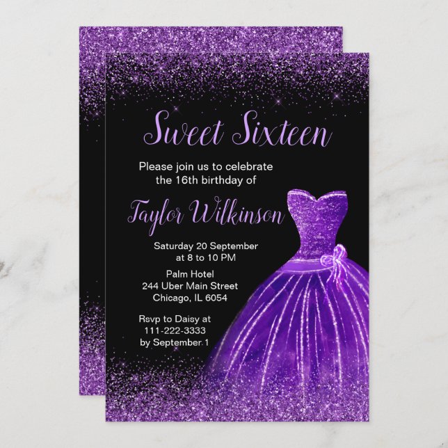 Convite Vestido Roxo Escuro Brilho Falso Sweet 16 Aniversá (Frente/Verso)