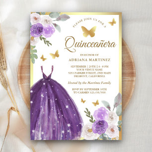 Convite Vestido Roxo Floral Borboleta Dourada Quinceanera