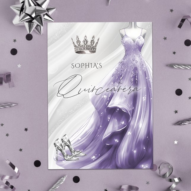 Convite Vestido Roxo Prateado Quinceañera Quince (Silver Purple Sparkle Dress Quinceañera Invitation)