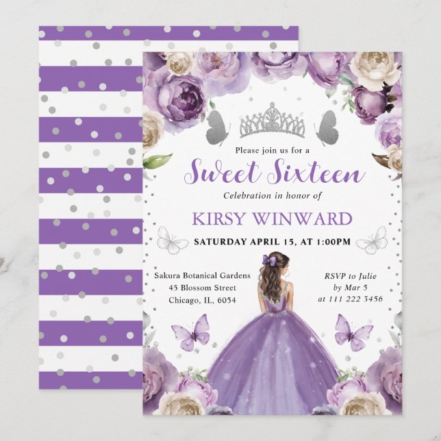 Convite Vestido Roxo Princesa de Cabelo Loiro Doce 16 (Frente/Verso)