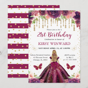 Convite Vestido Roxo Princesa de Cabelos Loiros Aniversári