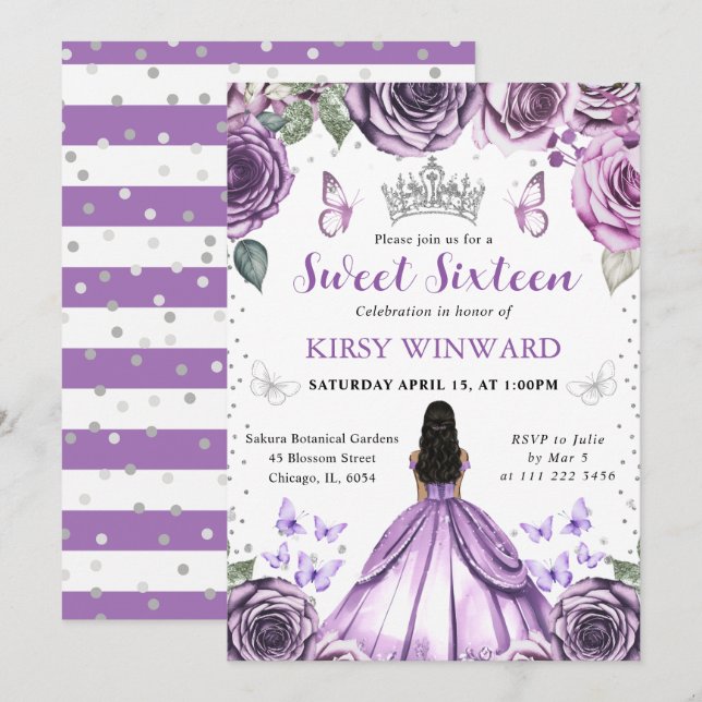 Convite Vestido Roxo Princesa de Pele Morena Doce 16 (Frente/Verso)