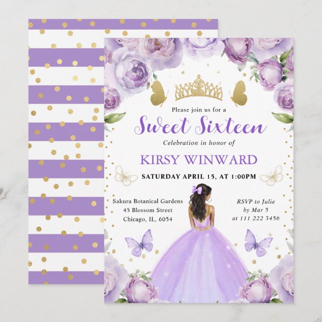 Convite Vestido Roxo Princesa de Pele Morena Doce 16 (Frente/Verso)