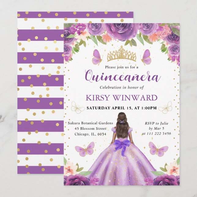Convite Vestido Roxo Princesa de Pele Morena Quinceanera (Frente/Verso)