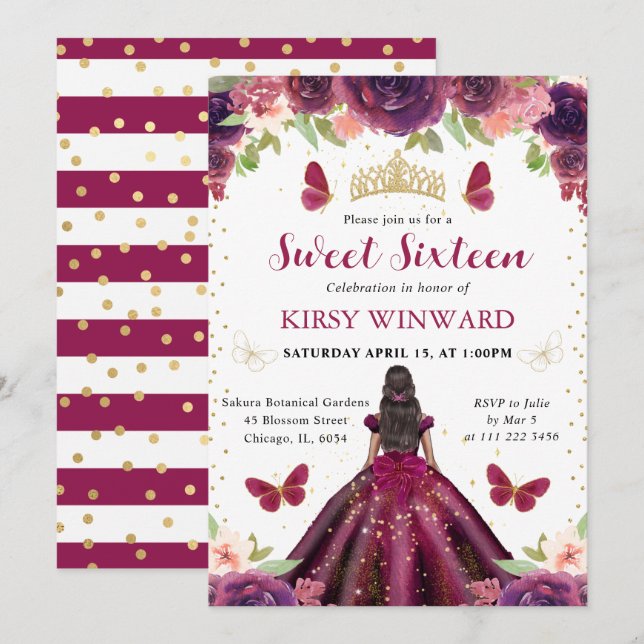 Convite Vestido Roxo Princesa de Pele Morena Sweet 16 (Frente/Verso)