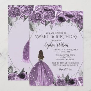 Convite Vestido Roxo Púrpura Floral Doce 16 Invita