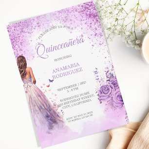 Convite Vestido Roxo Quinceañera Borboletas Florais