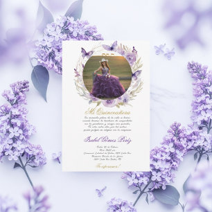 Convite Vestido roxo Quinceanera com imagem em espanhol