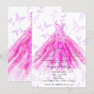 Convite Vestido Roxo Rosa Quente Dança Borboleta Doce 16