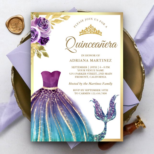 Convite Vestido Roxo Sereia Caiana Dourada Quinceanera (Criador carregado)
