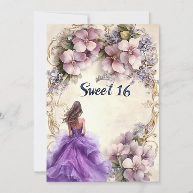 Convite Vestido Roxo Sweet Sixteen Floral Rosa (Frente)