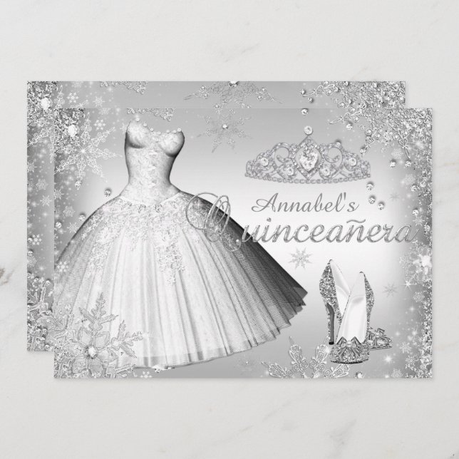 Convite Vestido Silver Sparkle e Tiara Quinceanera Convide (Frente/Verso)