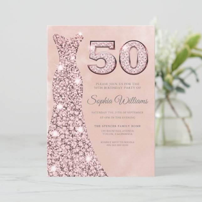 Convite Vestido Sparkle com Blush Watercolor 50º aniversár (Em pé/Frente)