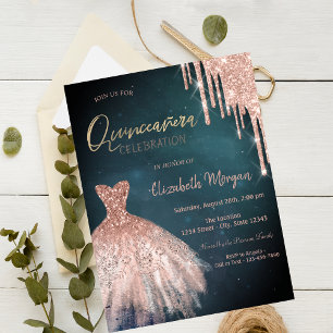 Convite Vestido Stylish Rose Gold Glitter Drips Quinceañer