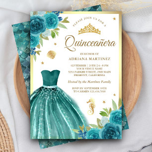 Convite Vestido Teal debaixo do Mar Mermaid Dourado Quince