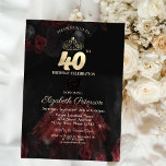 Convite Vestido,Tiara,aniversário de 40 anos Rosa vermelha<br><div class="desc">Dourada tiara,  vestido elegante e rosas vermelhas em uma textura preta. Perfeito para uma comemoração de um dia de mulher na moda. Personalize com seus próprios detalhes.</div>