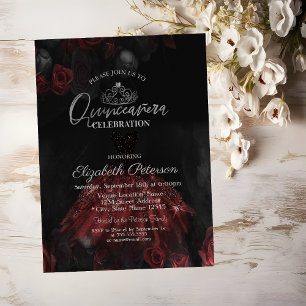 Convite Vestido, Tiara de Prata, Rosas Vermelhas Quinceañe