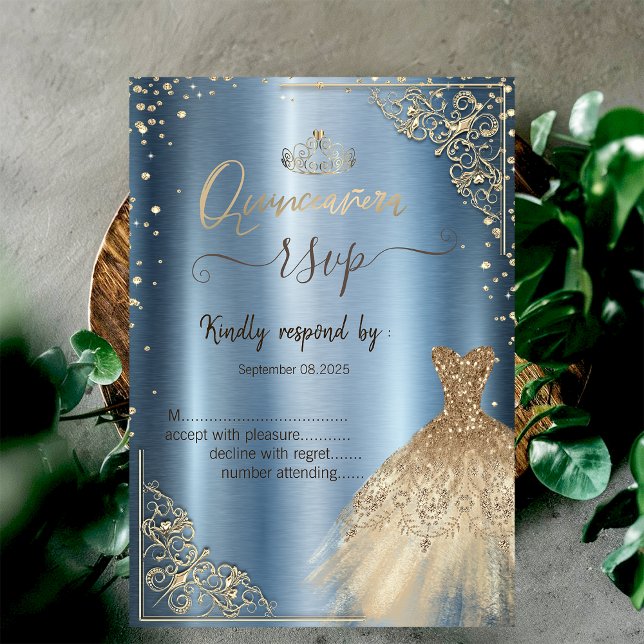 Convite Vestido Tiara, Diamantes, RSVP Metálico Azul (Criador carregado)