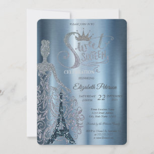 Convite Vestido, Tiara, Diamantes Torre Eiffel Azul Sweet